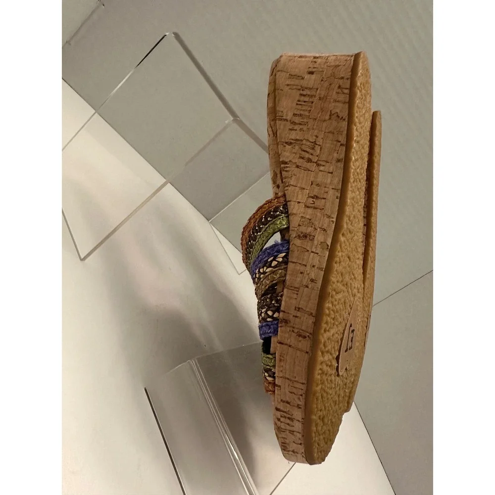 Eric Javits Multi Color Woven Cork Wedge Sandals Slides Brown Green Blue